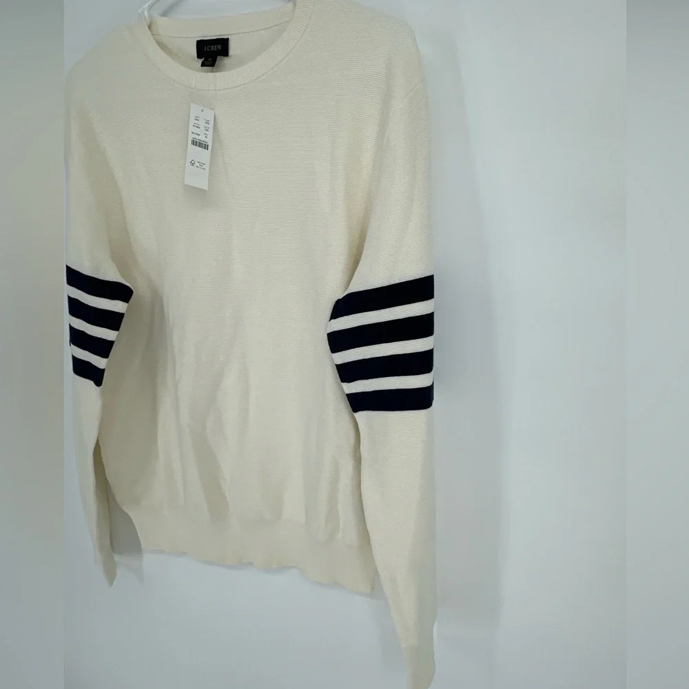 Re-Imagined J Crew -‎ COTTON CREWNECK SWEATER GARTER STITCH IVORY NAVY Medium